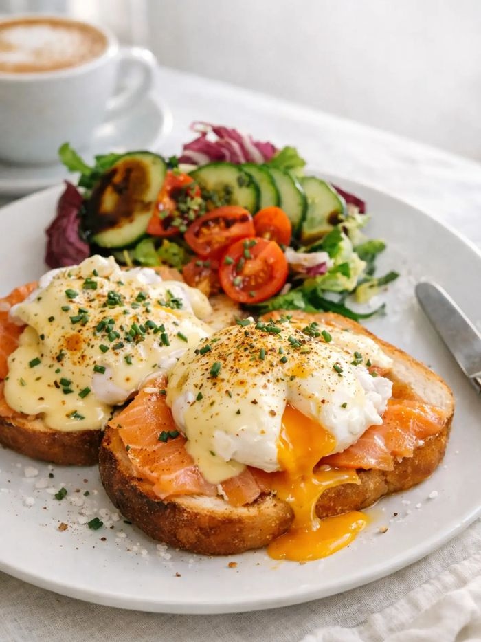 Eggs Royal: pochierte Eier mit Sauce Hollandaise auf Lachs und Brot, dazu Salat